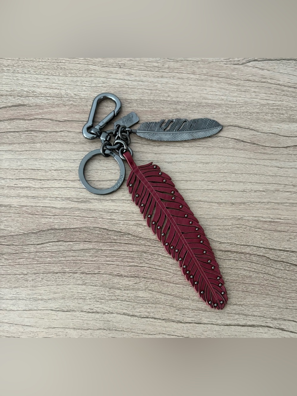 Coach Feather Keychain Charm in Burgundy with Gunmetal Accents